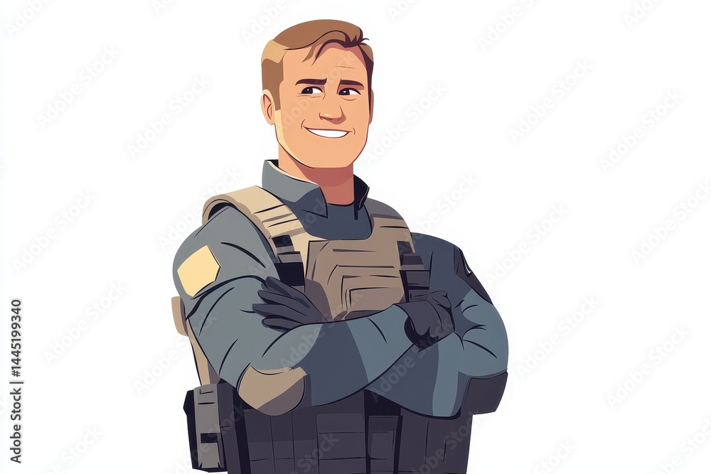 Fototapeta premium Confident Cartoon Character in Tactical Gear with Smile Expression