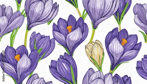 seamless pattern with blooming flower, watercolor crocus, spring flowers for decorating tex