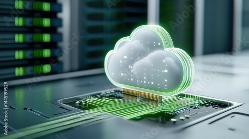 A digital cloud symbol on a circuit board, representing cloud computing technology.