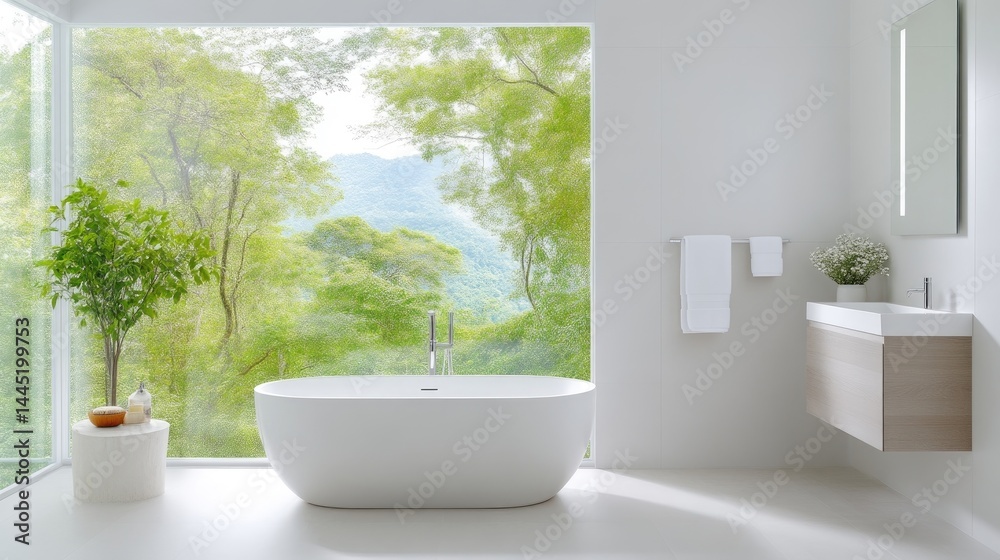 Fototapeta premium Modern freestanding bathtub in a minimalist bathroom with a large window overlooking a lush green forest during the day.