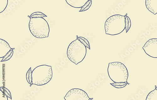 Seamless horizontal pattern with hand-drawn citrus lemon engraving. This vintage-style vector repeat is perfect for summer decorations, fruit-themed packaging, kitchen designs