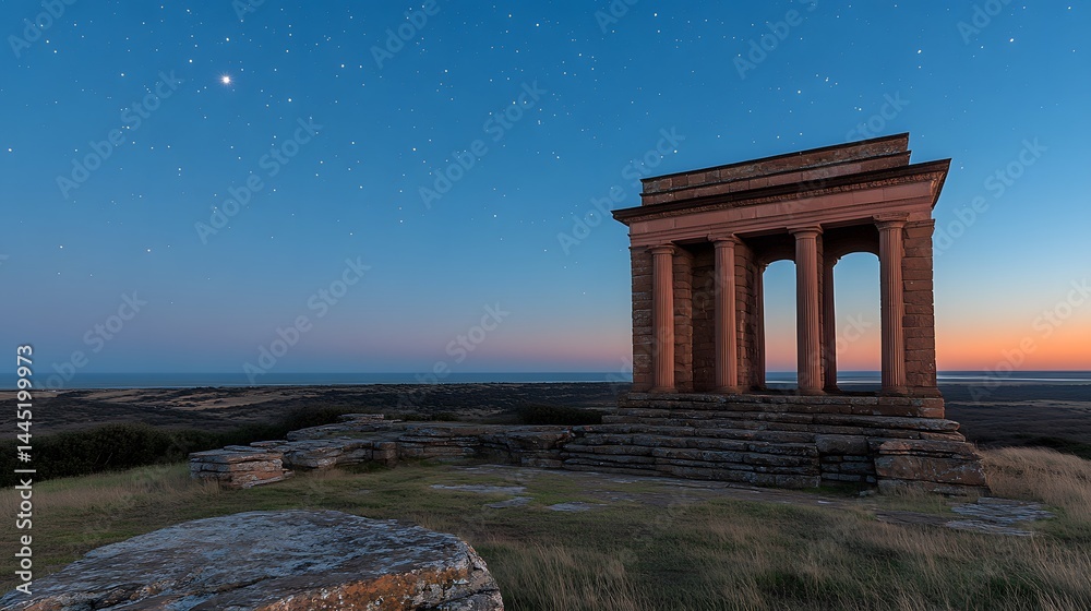 Obraz premium Serene Sunset View of an Ancient Stone Temple overlooking the Ocean under a Starry Sky