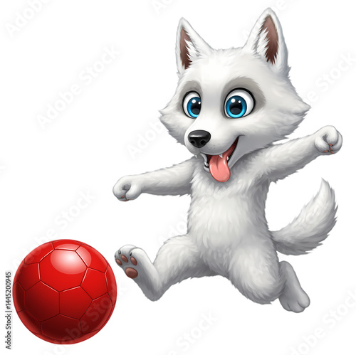 Cartoon dog plays with a red ball on a black background