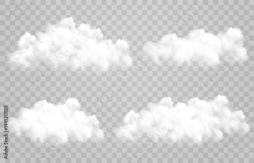White vector realistic cloud set. Vector weather element on png background. Cloud texture, nature sky or foggy nature illustration isolated on transparent background.
