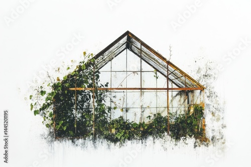 Overgrown rusty greenhouse frame, nature reclaiming man-made structure.