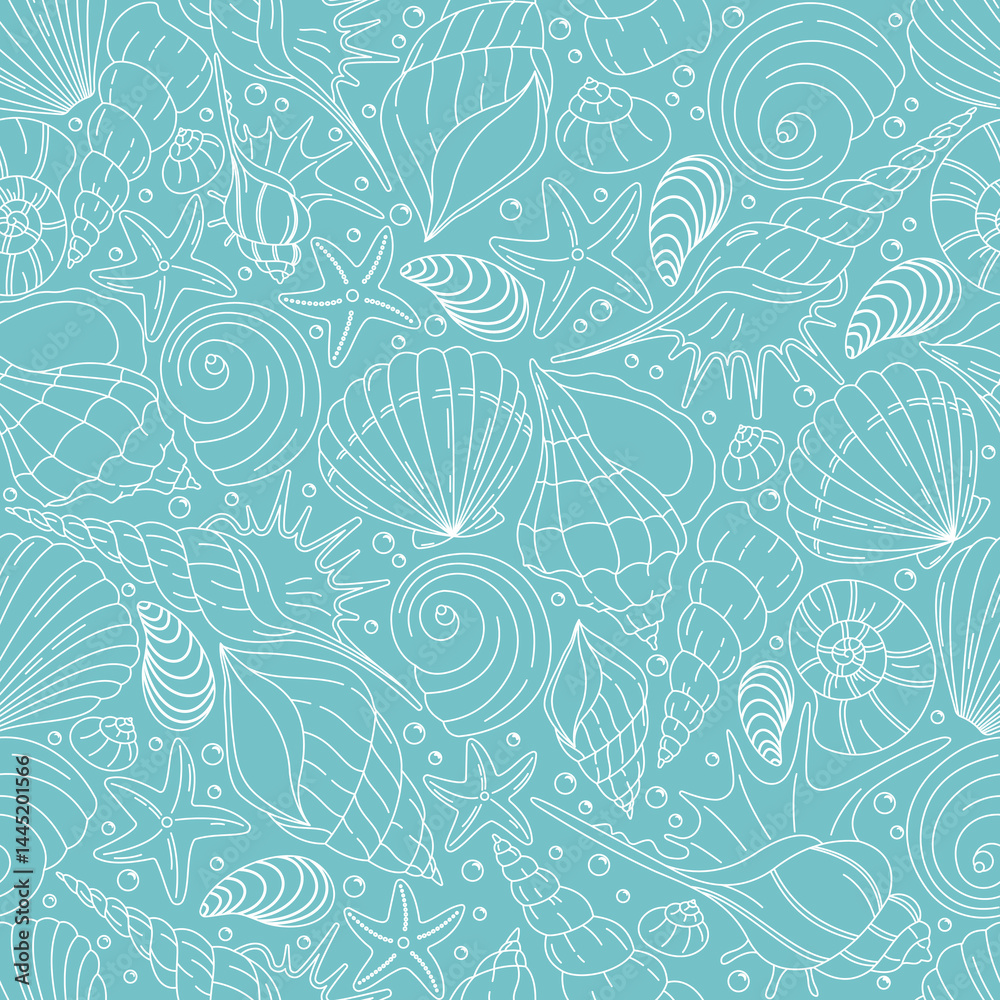 Fototapeta premium Set of marine-themed illustrations with seamless shell pattern and square frames for text. Ideal for summer invitations, cards, packaging, fabric, and beach-style projects.