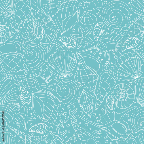 Set of marine-themed illustrations with seamless shell pattern and square frames for text. Ideal for summer invitations, cards, packaging, fabric, and beach-style projects.