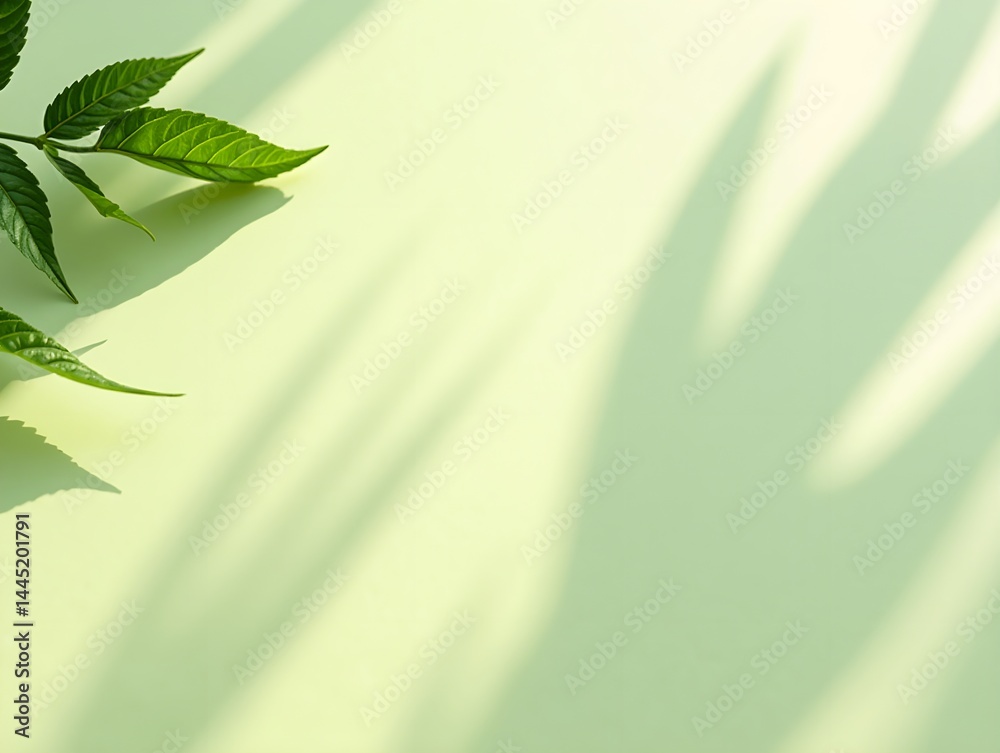 Fototapeta premium AI generated Fresh green plant leaves casting crisp shadow patterns on a textured paper surface in natural sunlight