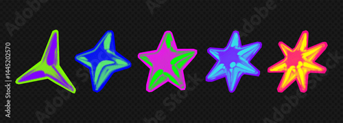 Y2k 3d punk neon colors light chrome halftone stars shape retro abstract vector illustration sticker set. Chrome silver 3d metallic halftone semitone retro effect bright neon color star collection.