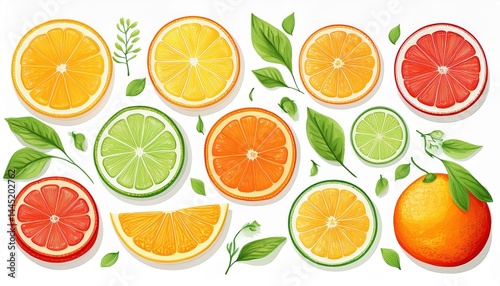 Citrus fruits set, slices oranges, lemons, limes, tropical watercolor fresh summer fruits i