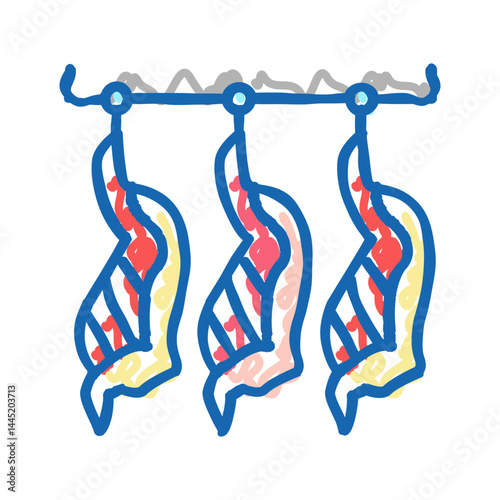 cut animal carcasses hang in warehouse icon doodle illustration