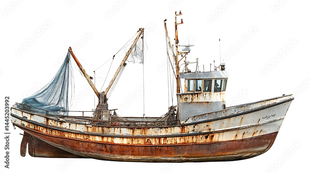 Naklejka premium Rusty fishing boat with a weathered appearance.