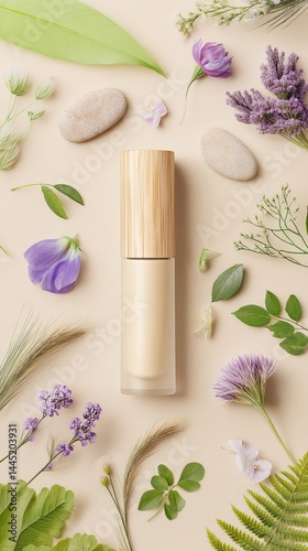 Wallpaper Mural Eco-friendly cosmetic product mockup with leaves and flowers on a beige background Torontodigital.ca
