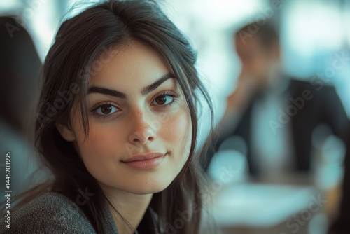 Free Download Pretty young woman smiling in a business meeting or office space. Useful for illustrating teamwork, leadership, or corporate lifestyles. - GFXLoad