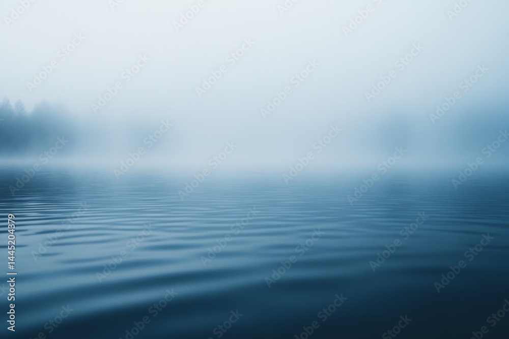 Obraz premium A misty, serene lake stretches into the distance, shrouded in a translucent fog that blurs the horizon and creates a tranquil atmosphere.
