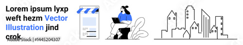 Woman seated with laptop, storefront with striped awning, and city skyline. Ideal for business, remote work, urban lifestyle, e-commerce, startups, creativity simple landing page