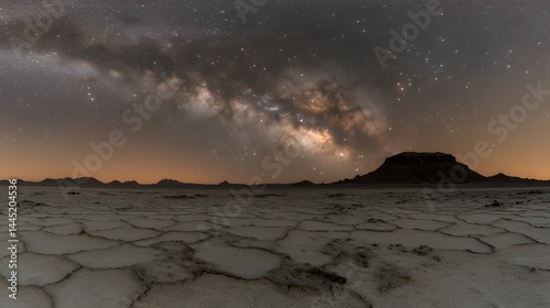 Majestic Milky Way Galaxy over Desert Landscape at Night Starry Sky over Cracked Earth