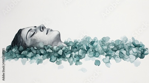 A delicate watercolor and ink scene of a face veiled by floating mint green petals and tender grey wash depicting fragile hope and tentative recovery after loss