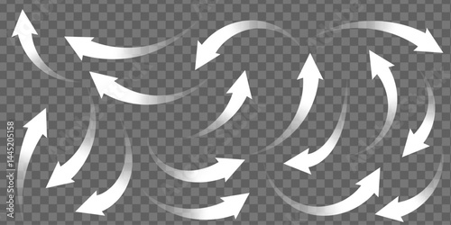 Set of white arrows showing air flow direction, isolated on transparent background.