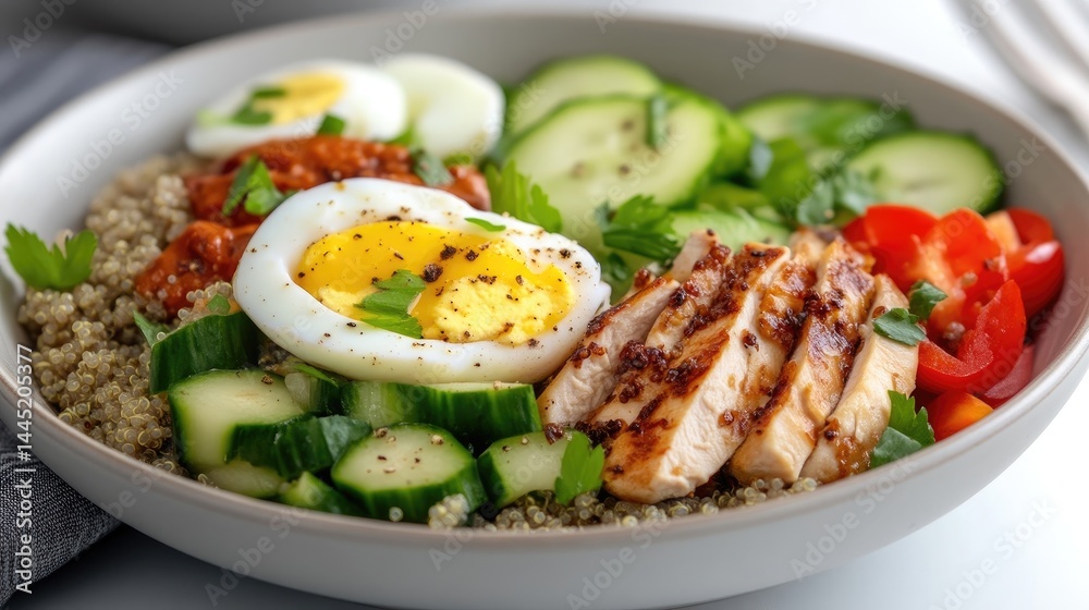 Healthy Quinoa Bowl with Grilled Chicken, Eggs, and Veggies Healthy Quinoa Bowl with Grilled Chicken, Eggs, and Veggies