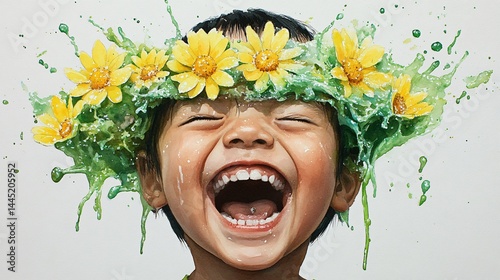 A luminous watercolor and ink painting of a person smiling with bursts of sunny yellow daisies and delicate mint green wash embodying unrestrained joy and childlike wonder at the world