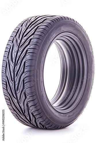 A single black tire with an intricate tread pattern, shown against a white background