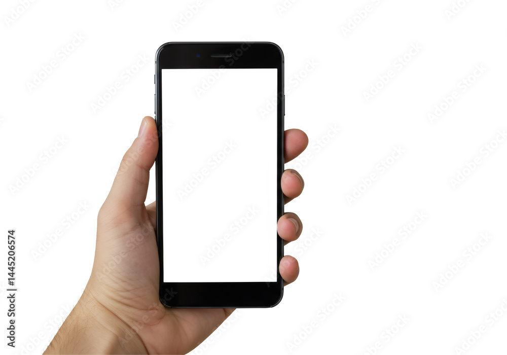 透明な背景にスマートフォンを持つ手のクローズアップ 人間の手はデバイスの白い画面を表示 透明な背景にスマートフォンを持つ手のクローズアップ 人間の手はデバイスの白い画面を表示