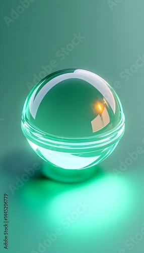 A translucent, oblate spheroid with internal glow rests on a teal surface, casting a soft light