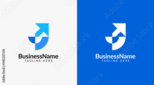 Modern logo mark with letter J and arrow icon bar candlestick for trading, investment, finance, statistic, accounting or marketing business