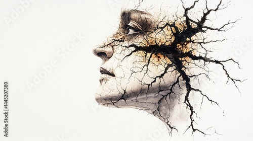 A stark watercolor and ink depiction of a face fractured by heavy black ink cracks and dull grey washes capturing the weight of guilt and emotional fracture beneath the surface