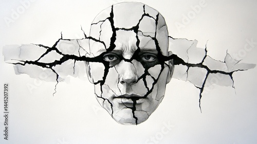 A stark watercolor and ink depiction of a face fractured by heavy black ink cracks and dull grey washes capturing the weight of guilt and emotional fracture beneath the surface