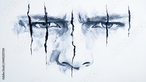 A stark watercolor and ink depiction of a face fractured by heavy black ink cracks and dull grey washes capturing the weight of guilt and emotional fracture beneath the surface