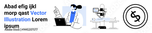 Scientist interacting with laptop, robotic lab apparatus setup, dollar coin sign. Ideal for research innovation, tech progress, STEM, education, economy, business planning abstract line flat