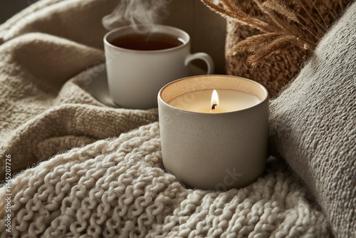 Handcrafted candle in vintage style ceramic holder on cozy blanket with tea cup