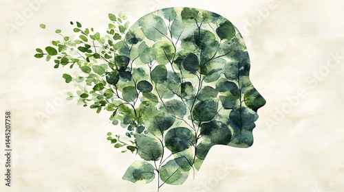 A tranquil watercolor and ink sketch of a profile adorned with soft green eucalyptus leaves and gentle taupe wash symbolizing healing, renewal, and emotional restoration