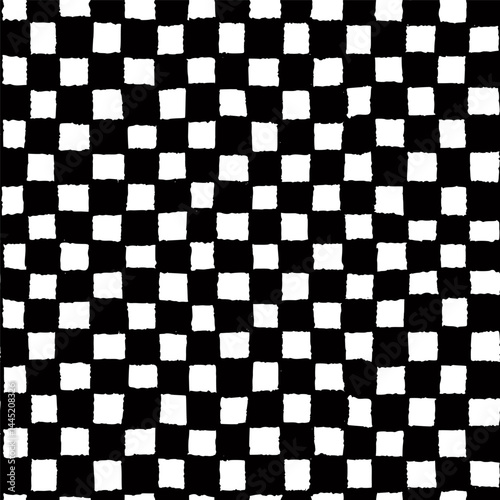 Checkerboard pattern background in black and white, seamless hand drawn grid with grainy square texture, abstract vector print, drag to swatches panel to use
