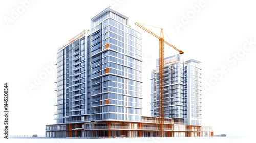 Building construction with Crane : A modern high-rise building under construction, complemented by a towering crane against a backdrop that signifies urban progress.