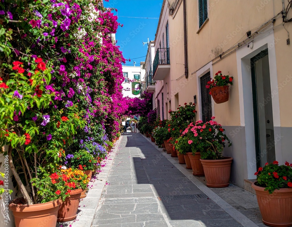 Naklejka premium Vibrant flower draped pathway in Capri, Italy 