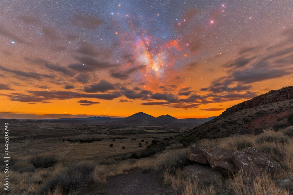 Obraz premium Majestic Milky Way Galaxy Over Dramatic Desert Landscape at Sunset
