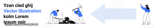 Group breaking ground with tools and arrow pointing to individual celebrating progress. Ideal for teamwork, collaboration, goal setting, success, leadership, strategy, simple landing page