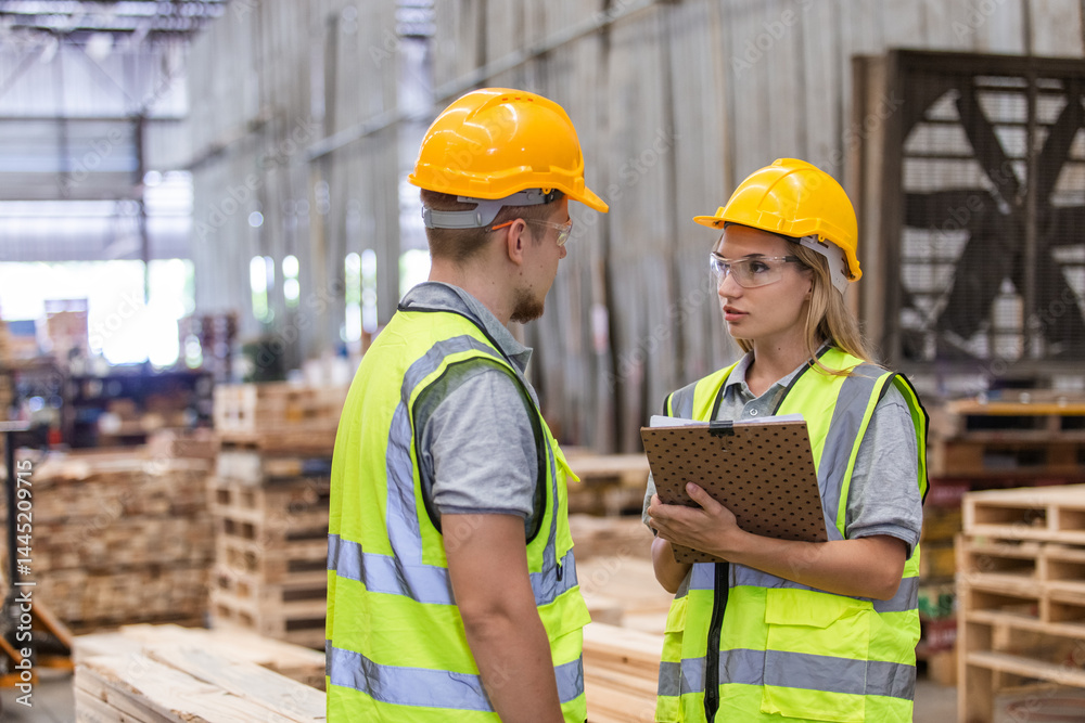 Workers wearing safety uniform and yellow hard hat working holding clipboard checking quality of wooden products at workshop manufacturing. man and woman worker wood warehouse industry. Workers wearing safety uniform and yellow hard hat working holding clipboard checking quality of wooden products at workshop manufacturing. man and woman worker wood warehouse industry.
