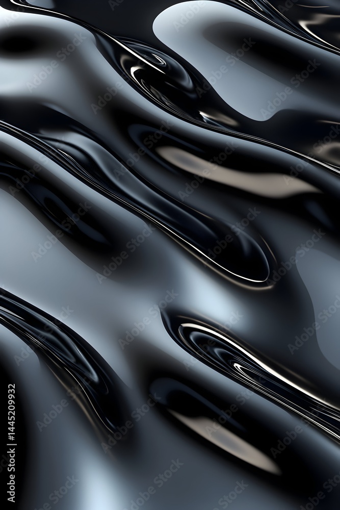 Dark, glossy, undulating surface with reflective highlights and smooth, flowing curves Dark, glossy, undulating surface with reflective highlights and smooth, flowing curves