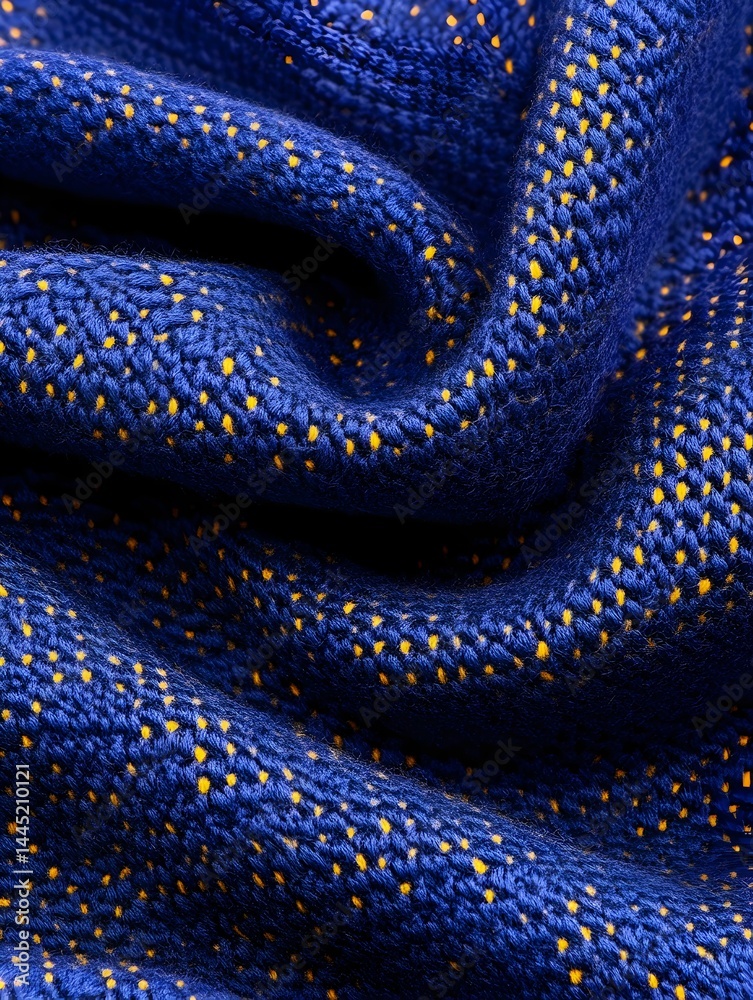 Fototapeta premium Deep blue fabric with subtle yellow dotted pattern, showing texture and soft folds