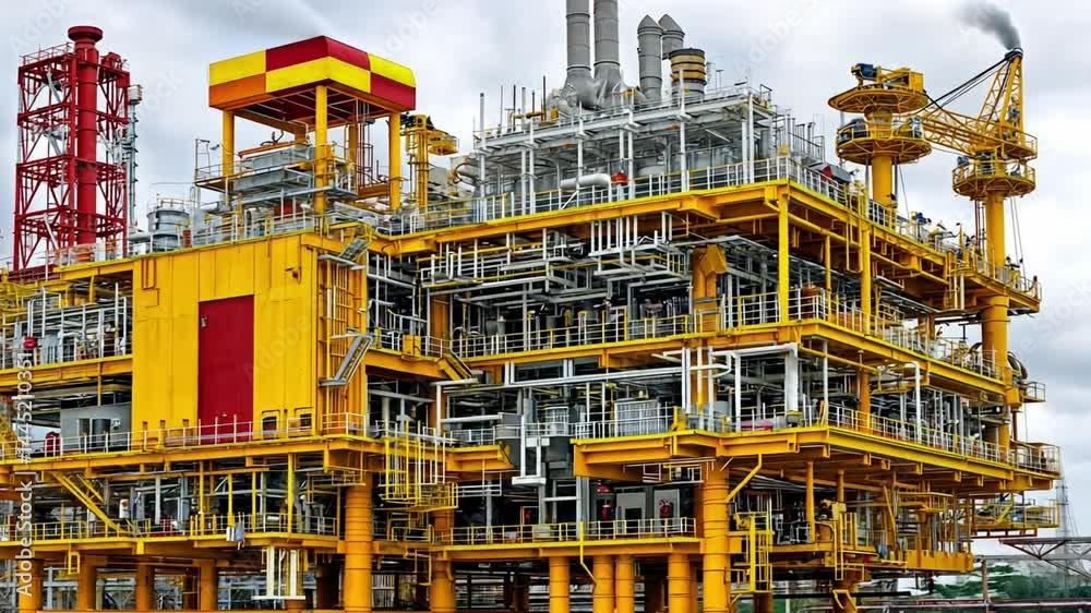 Industrial facility with yellow and red structures, pipes, and equipment, situated in an energy production environment Industrial facility with yellow and red structures, pipes, and equipment, situated in an energy production environment