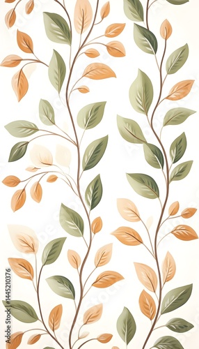 Elegant pattern of intertwining vines with green and orange leaves on a white background