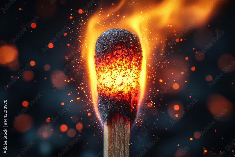 Close-up view of a matchstick ignited with glowing flames and sparks