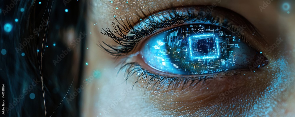 Close-up of a Human Eye Reflecting Advanced Technological Digital Symbols