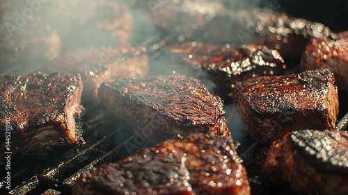 Close-up of sizzling steaks on a barbecue grill, smoky and juicy meat cooking process