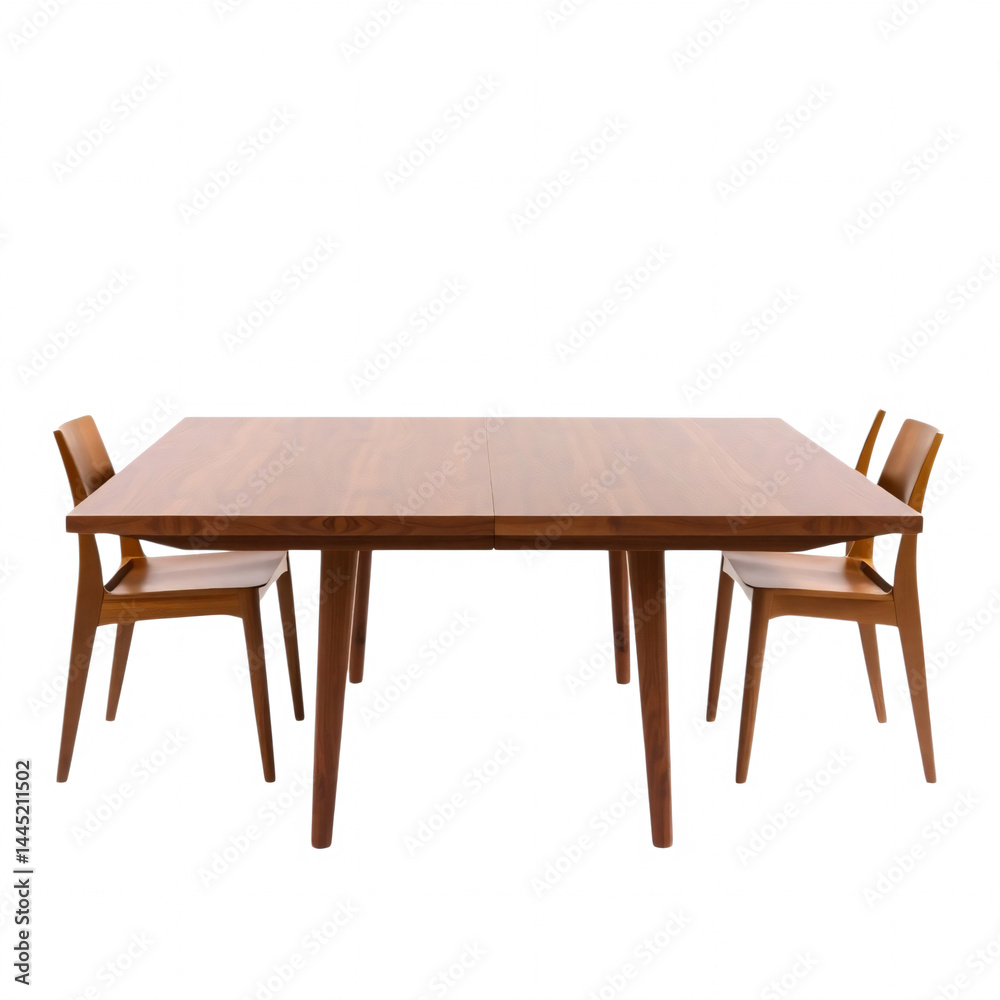 A square wooden dining table with four legs and two wooden chairs on a white background in a studio shot A square wooden dining table with four legs and two wooden chairs on a white background in a studio shot