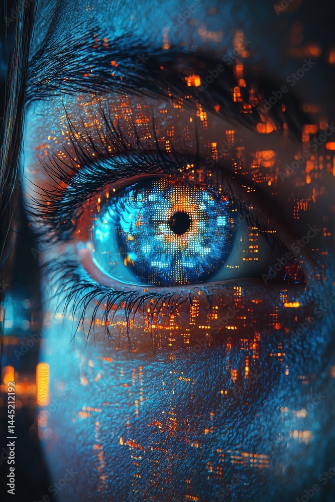 Close-up of a futuristic glowing blue eye with technological elements